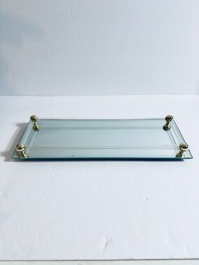 Vintage vanity dresser tray, mirrored base, plastic tube railing brass accents.